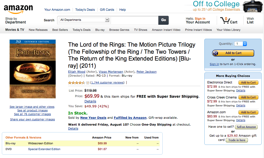 Amazon product page for Lord Of The Rings (2012)